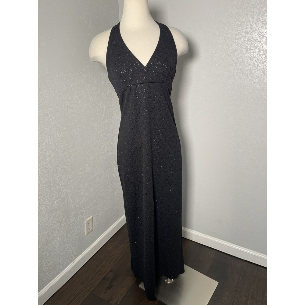 Vintage Y2K City Triangles Maxi Dress M Black Glitter Halter‎ Prom Stretch